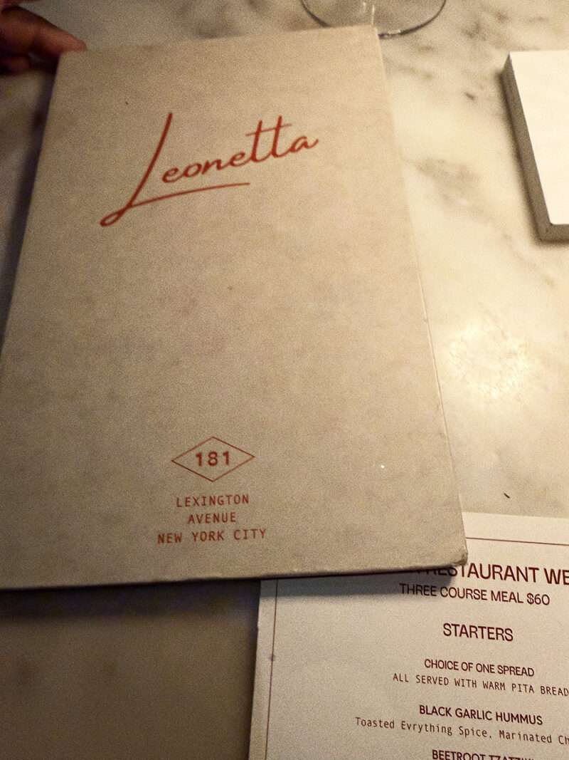 Leonetta restaurant menu cover at 181 Lexington Avenue New York City.