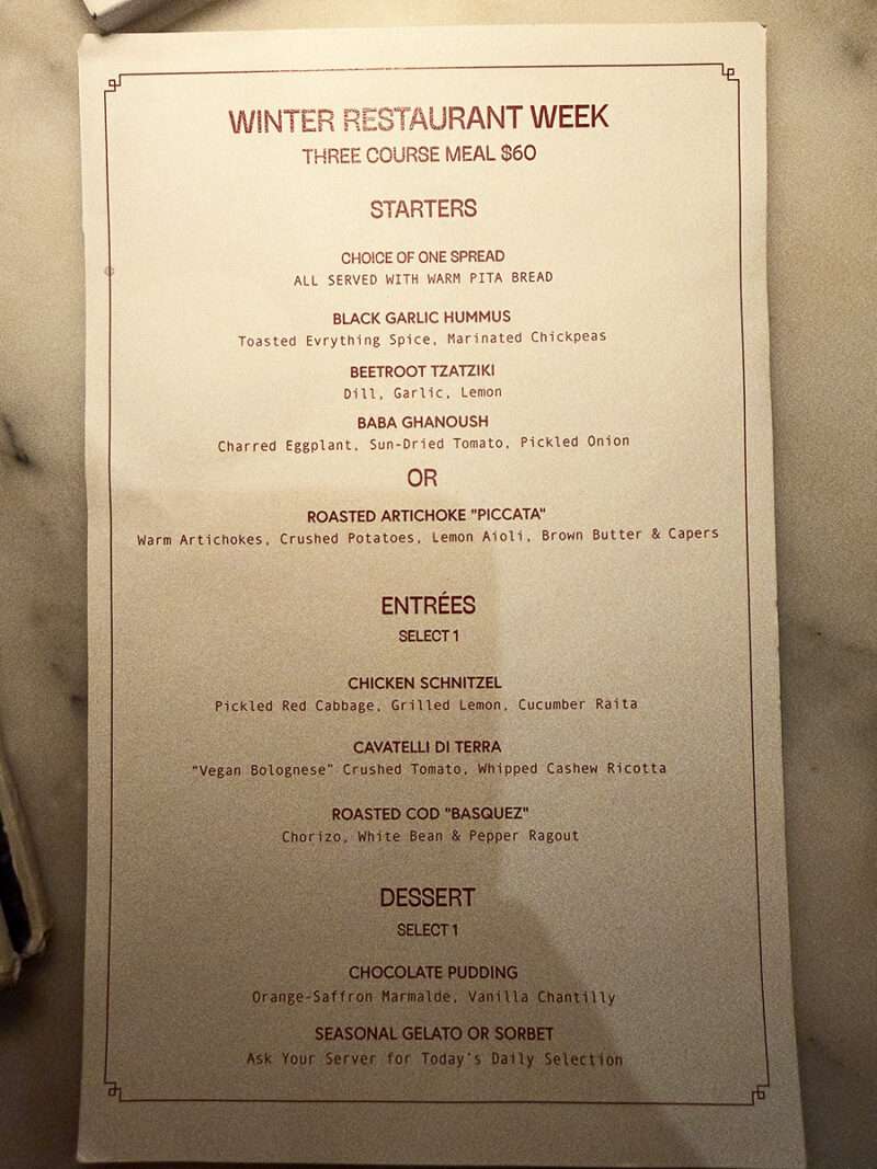 Leonetta Midtown NYC Restaurant Week menu showing Mediterranean starters schnitzel roasted cod and dessert.