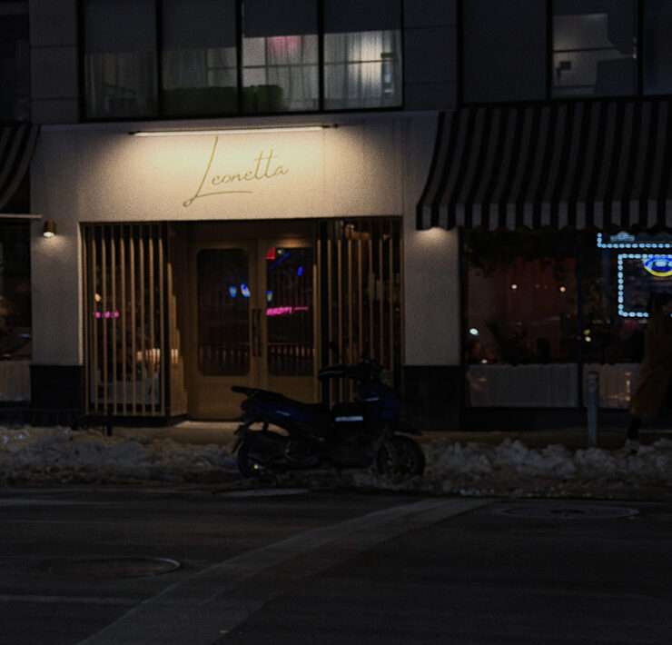 Leonetta restaurant exterior on Lexington Avenue in Midtown Manhattan at night.