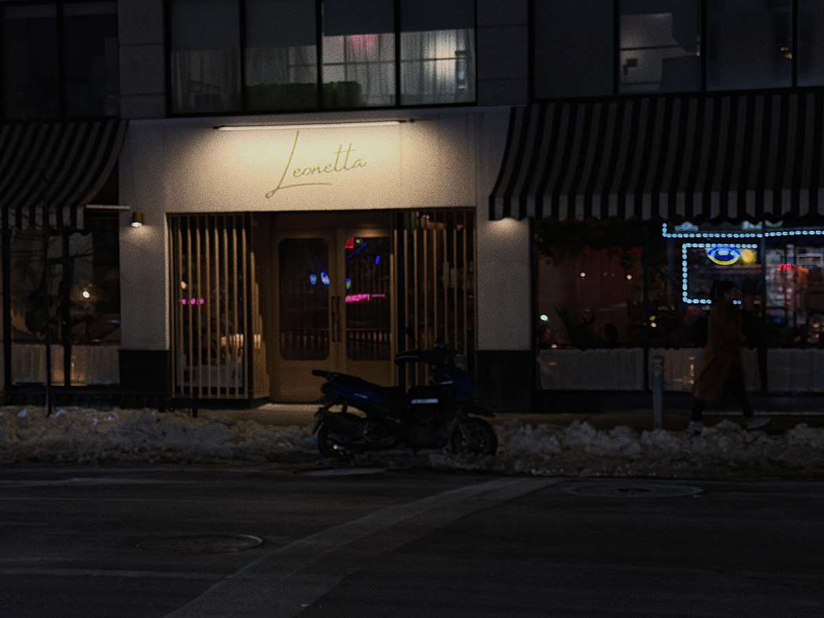 Leonetta restaurant exterior on Lexington Avenue in Midtown Manhattan at night.