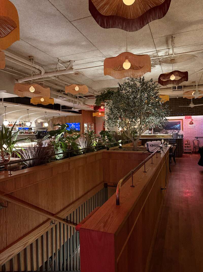 Leonetta Midtown NYC dining room with olive tree centerpiece and bar.